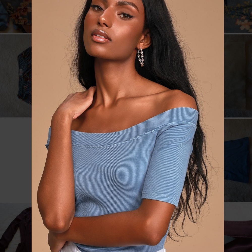 Blue Off the Shoulder Ribbed Top